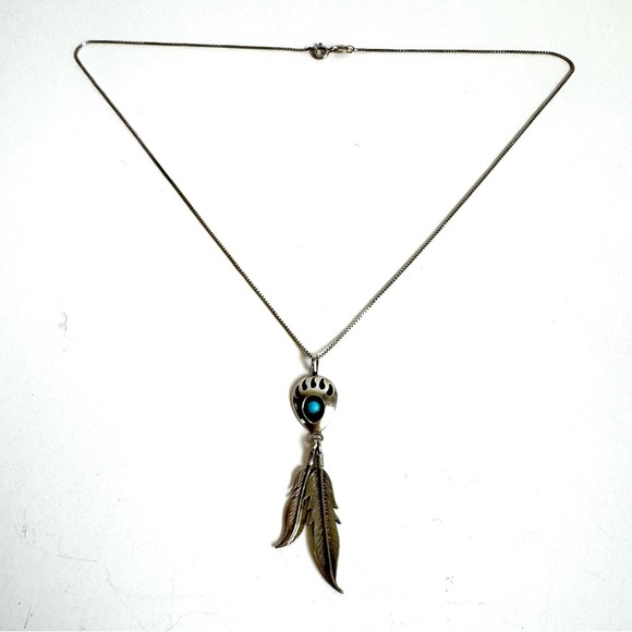 Native American Turquoise Necklace Running Bear Paw Claw Feather Sterling Silver - Picture 2 of 10